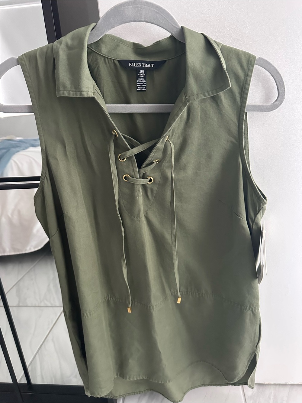 Ellen Tracy Olive Lace-Up Collared Tank